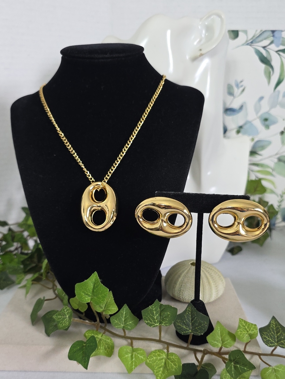 Gold Filled Puffy Mariners Link Pendant Necklace & Earring Set – Statement